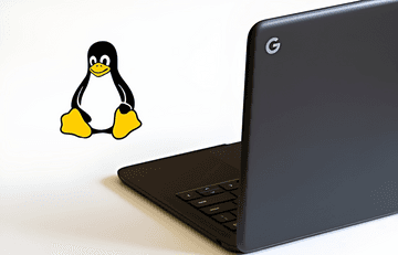 Linux penguin icon beside a laptop on white background